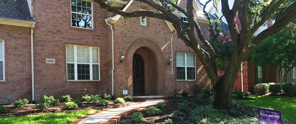 Home in Carrollton, TX, with large oak tree in front yard.